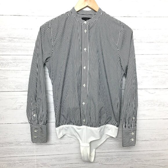 J. Crew Black White Stripe Shirt Stretch Tailored Perfect Bodysuit Long Sleeve 4 - Picture 9 of 9